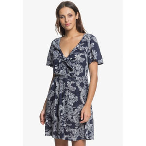Roxy XS Surfer Girl Dress Tie Front Mini Floral Navy Blue White